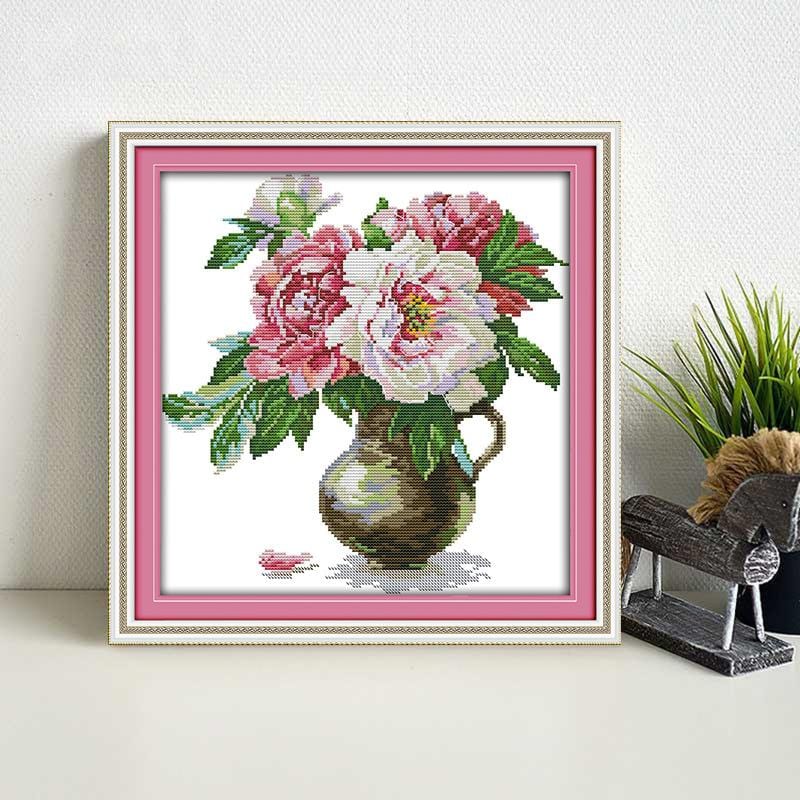 41*42CM subshrubby peony flower Cross Stitch Kits 11CT Stamped Full Range of Embroidery Starter Kit for Beginners Pre-Printed Pattern