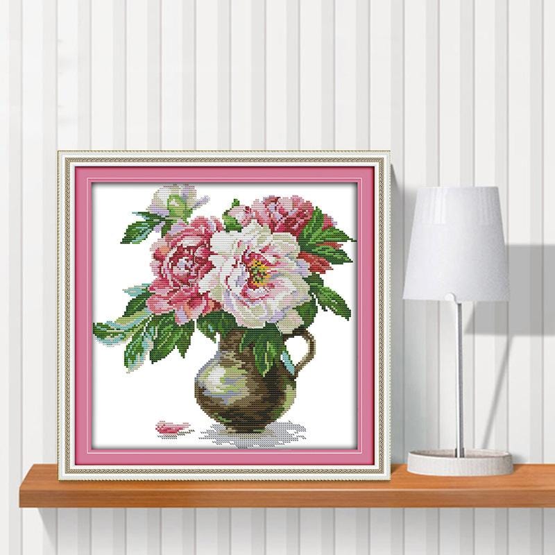 41*42CM subshrubby peony flower Cross Stitch Kits 11CT Stamped Full Range of Embroidery Starter Kit for Beginners Pre-Printed Pattern