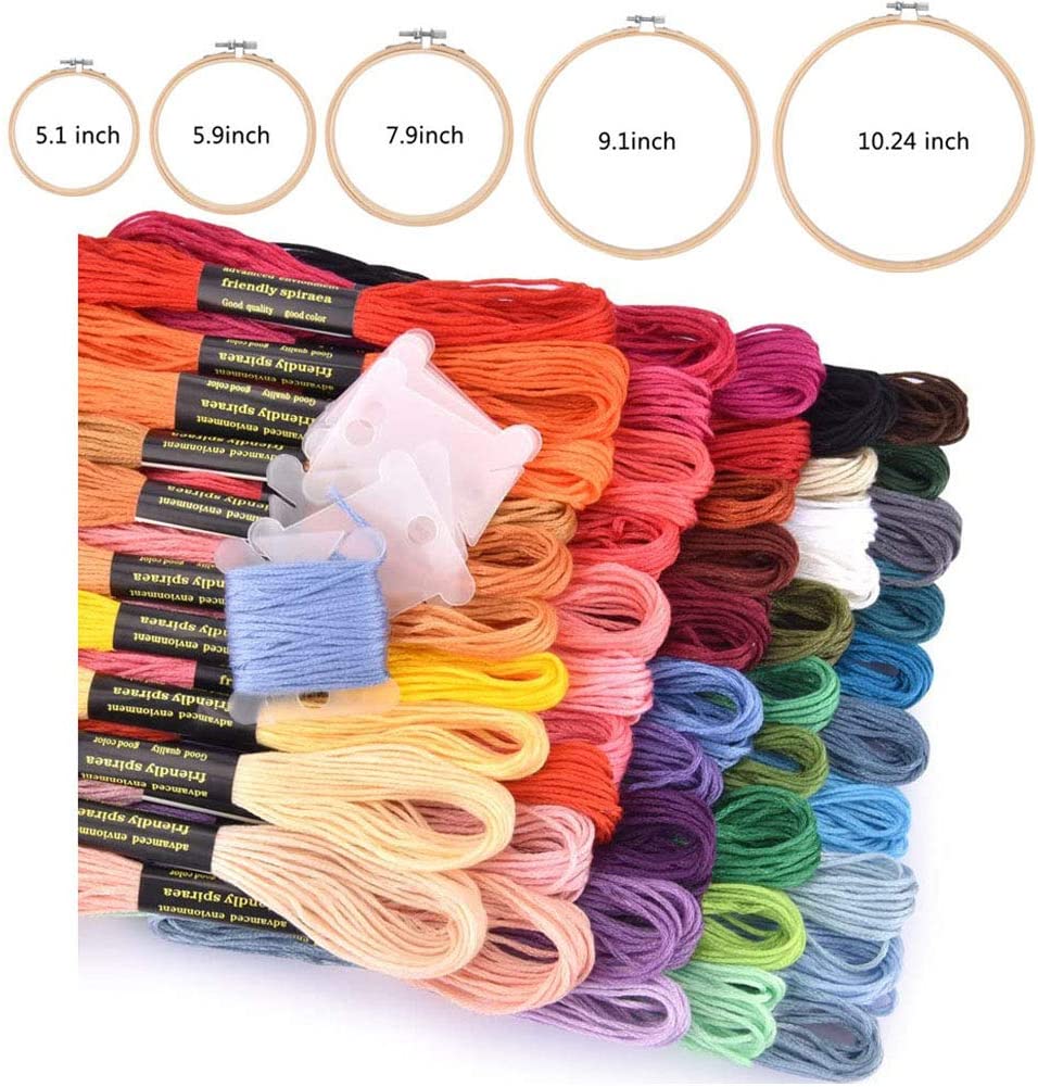 Full Embroidery Set Cross Stitch Tool Kit Including 50 Color Threads 5 Pieces Bamboo Hoops