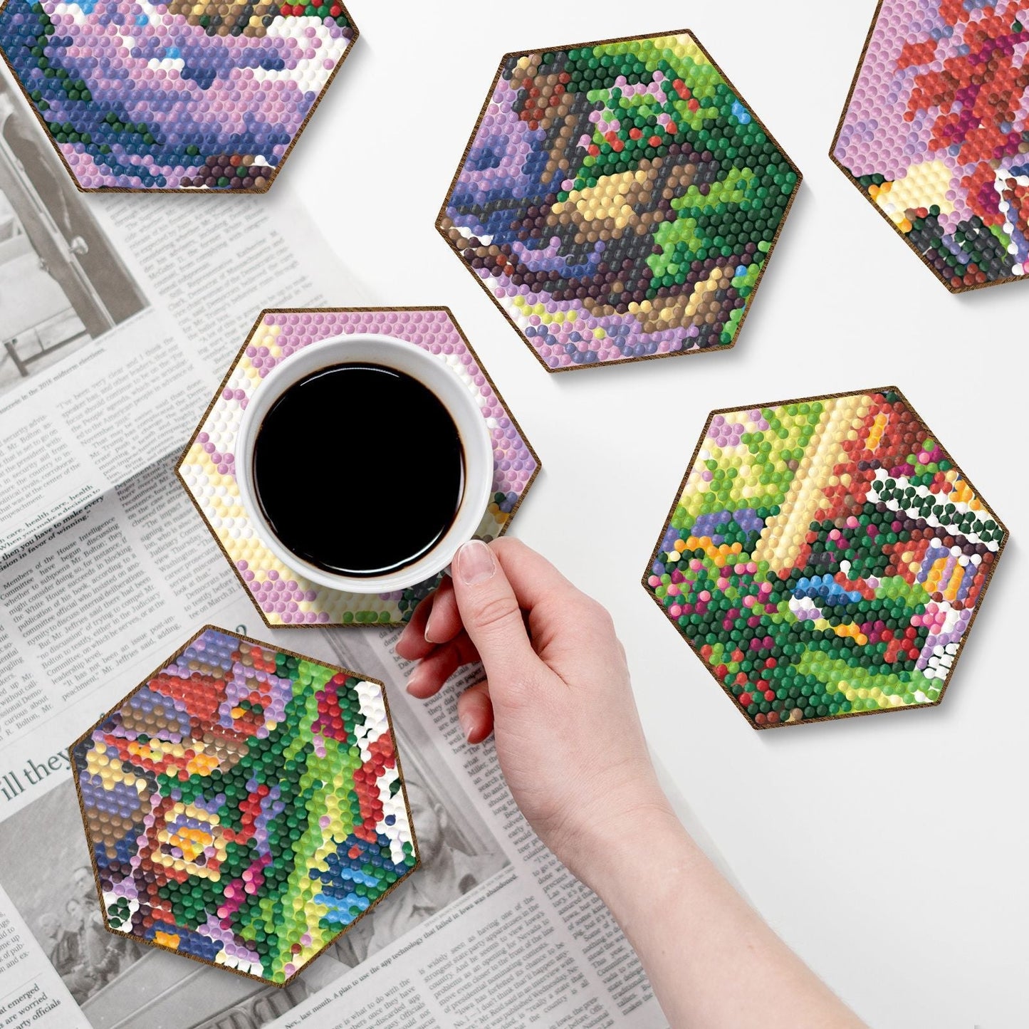 7 Pcs DIY Diamond Painting Coasters with Holder Wooden Puzzle Coaster