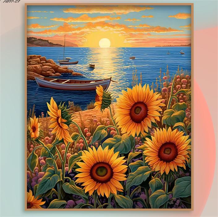 53x65cm DIY Cross Stitch Kits Stamped Full Range of Embroidery 11CT 3 Strands-Seaside Sunflowers