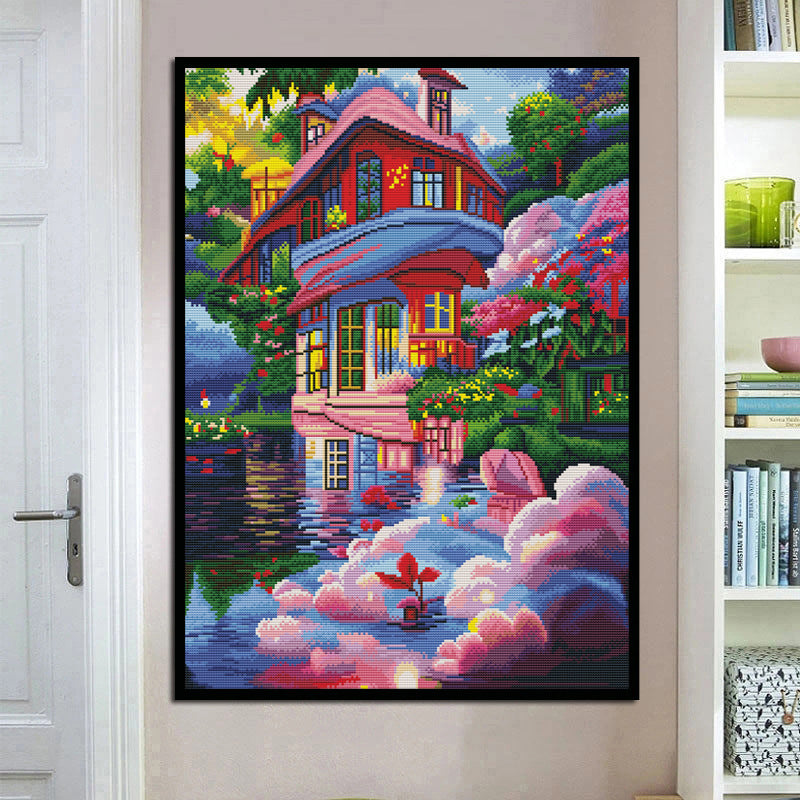 53x70cm Pink Dream House  Cross Stitch Kits 11CT Stamped Full Range of Embroidery Starter Kit for Beginners Pre-Printed Pattern