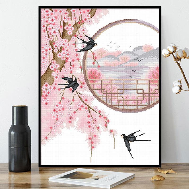 150x63cm Peach blossom swallow Cross Stitch Kits 9CT Stamped  Full Range of Embroidery Starter Kit for Beginners Pre-Printed Pattern