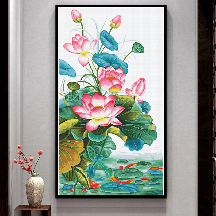 66x120cm Big Lotus 3 strands 11CT Stamped Cross Stitch Full Range of Embroidery Starter Kit for Beginners Pre-Printed Pattern