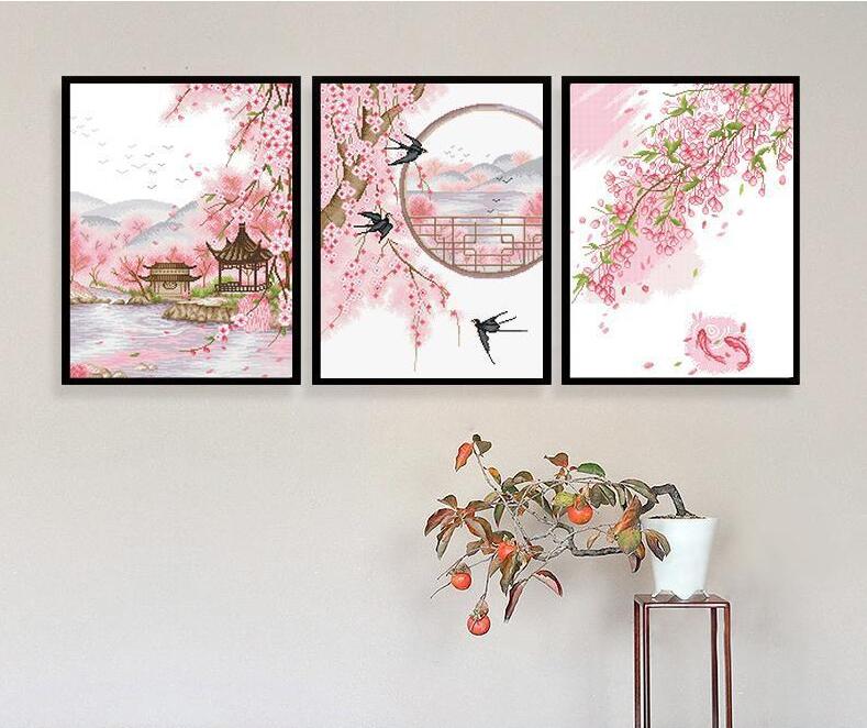 150x63cm Peach blossom swallow Cross Stitch Kits 9CT Stamped  Full Range of Embroidery Starter Kit for Beginners Pre-Printed Pattern