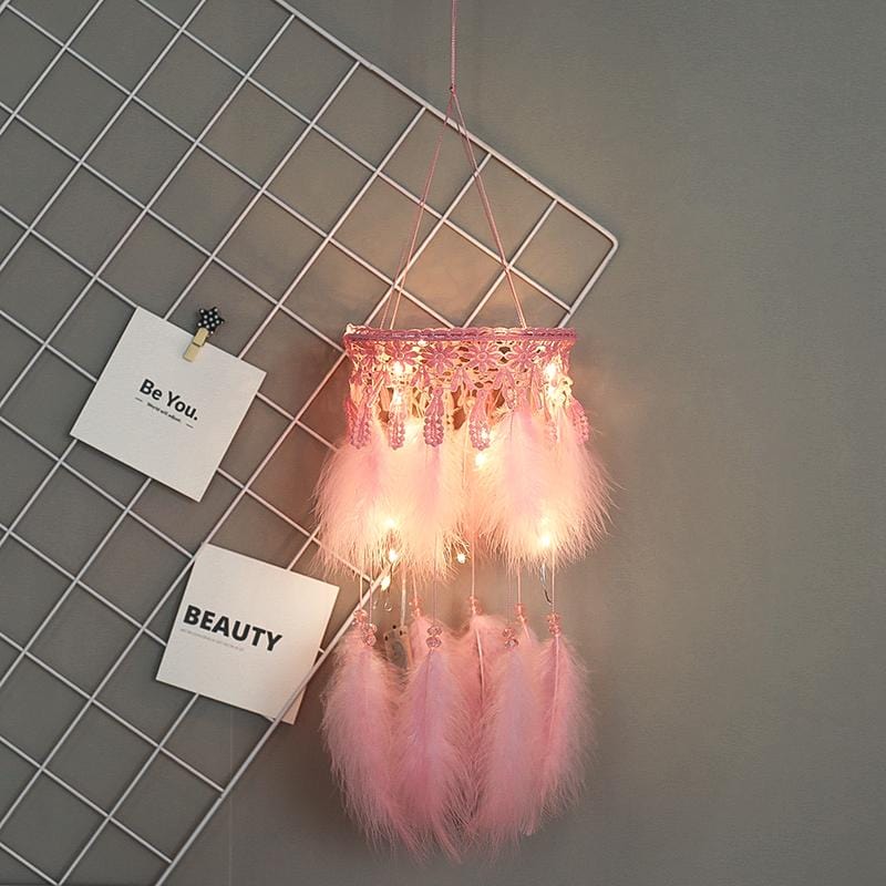 Handmade Dream Catcher With Light Room Decor Feather Weaving Wind Chimes Religious Mascot