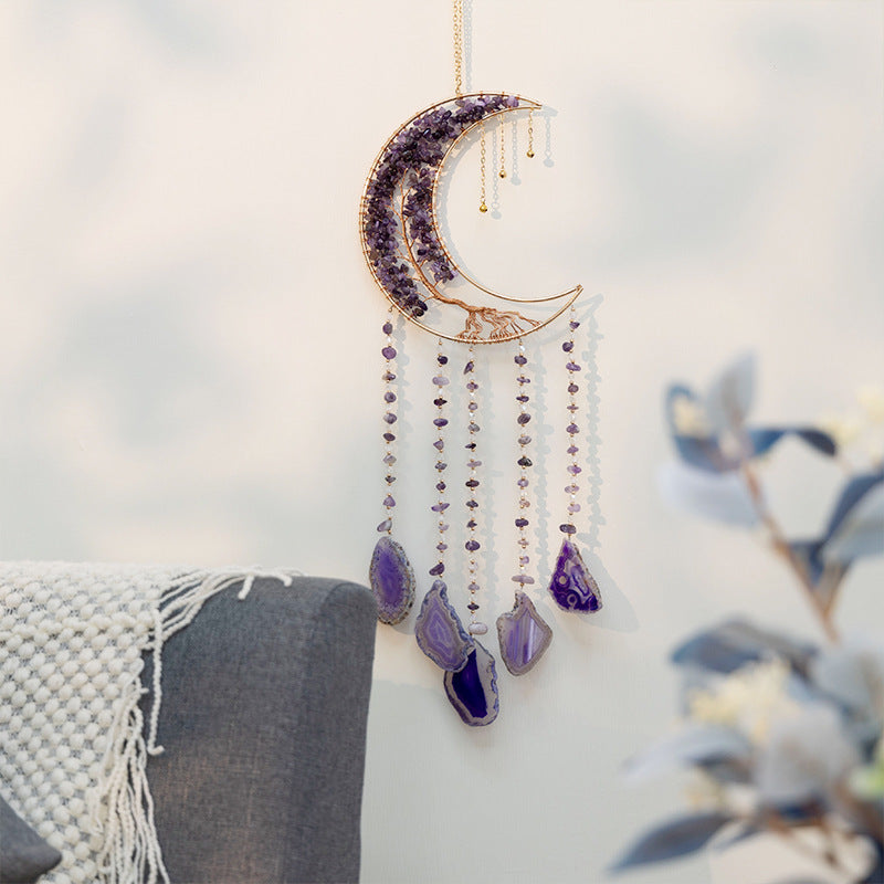 Moon Dream Catcher Crystal and Natural Gemstone Agate Stone Pendants Wind Chime