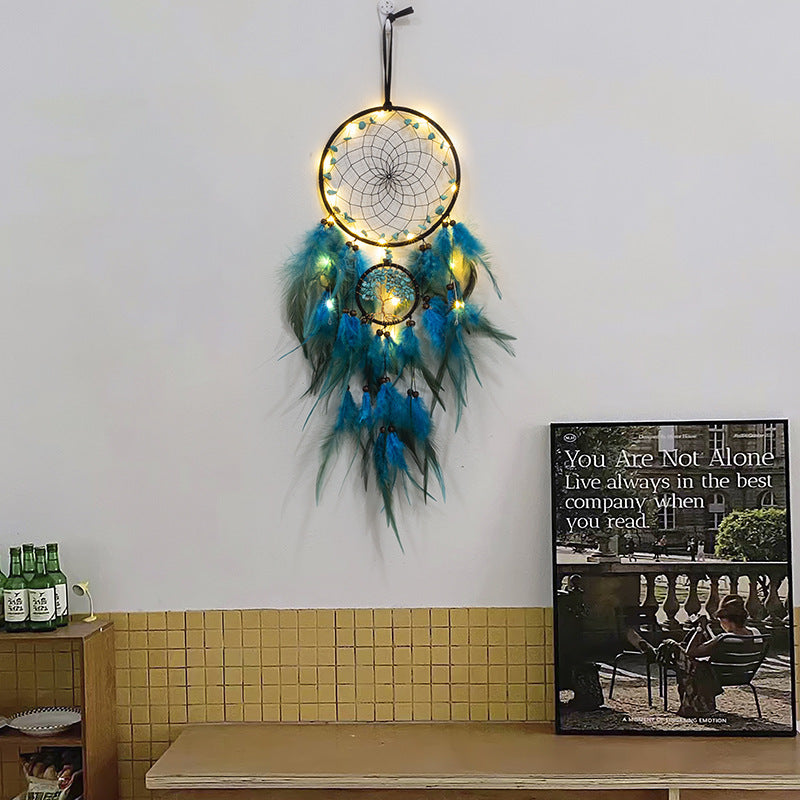 Feather Dream Catcher LED Fairy Lights Circular Net for Wall Hanging Decor