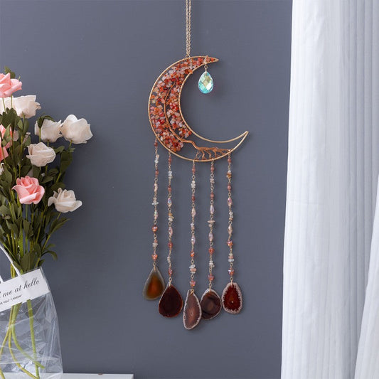 Moon Dream Catcher Crystal and Natural Gemstone Agate Stone Pendants Wind Chime