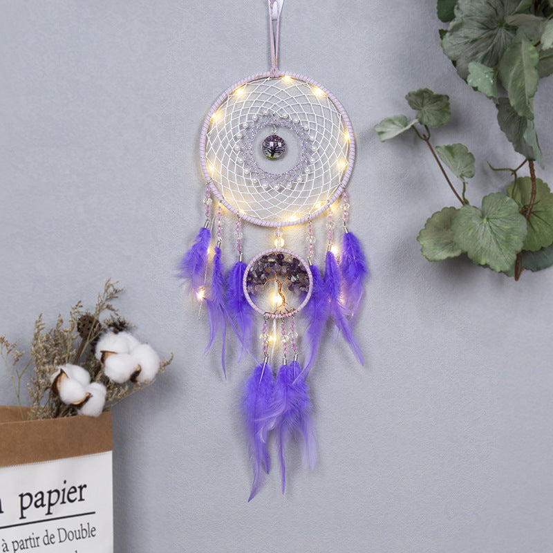 Feather Dream Catcher LED Fairy Lights Circular Net for Wall Hanging Decor