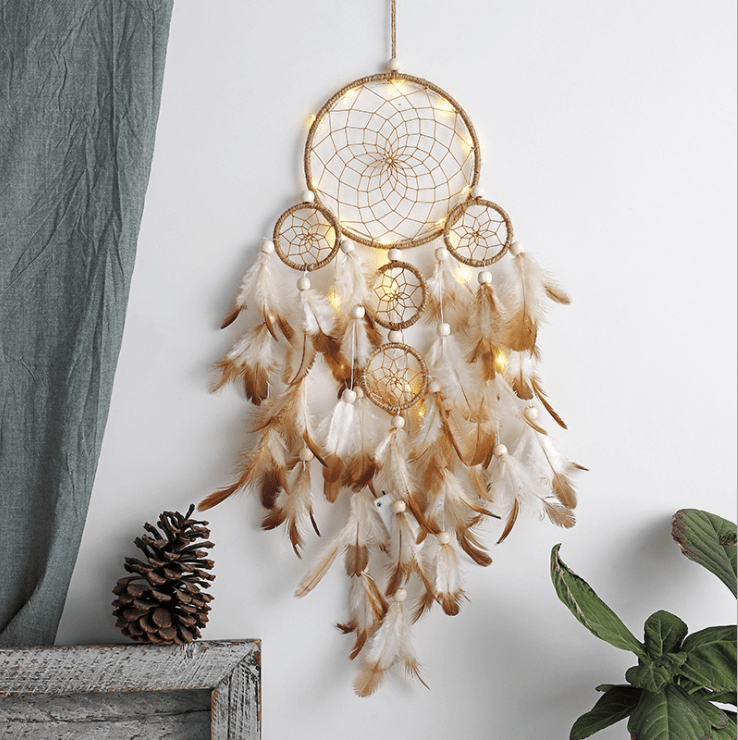 Handmade Dream Catcher With Light Room Decor Feather Weaving Wind Chimes Religious Mascot