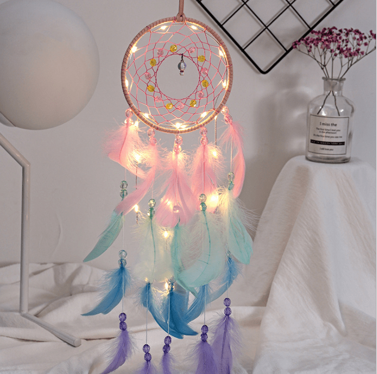 Handmade Dream Catcher With Light Room Decor Feather Weaving Wind Chimes Religious Mascot