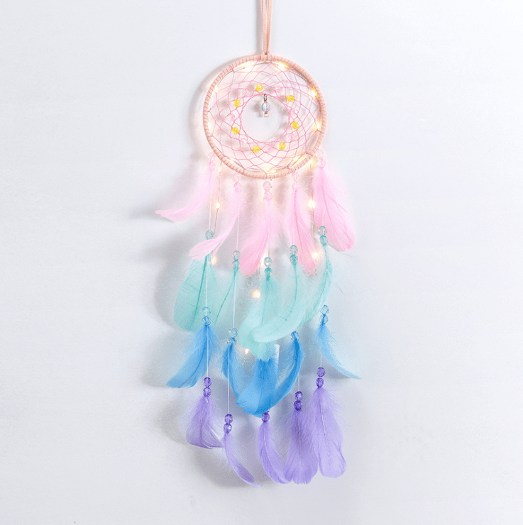 Handmade Dream Catcher With Light Room Decor Feather Weaving Wind Chimes Religious Mascot