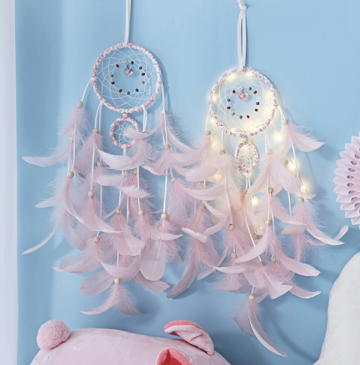 Handmade Dream Catcher With Light Room Decor Feather Weaving Wind Chimes Religious Mascot