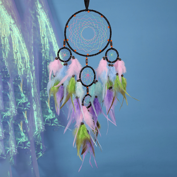 Handmade Dream Catcher With Light Room Decor Feather Weaving Wind Chimes Religious Mascot