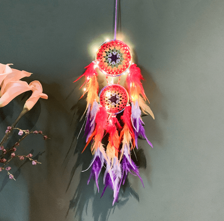 Handmade Dream Catcher With Light Room Decor Feather Weaving Wind Chimes Religious Mascot