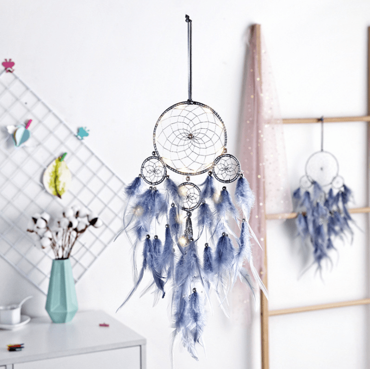 Handmade Dream Catcher With Light Room Decor Feather Weaving Wind Chimes Religious Mascot