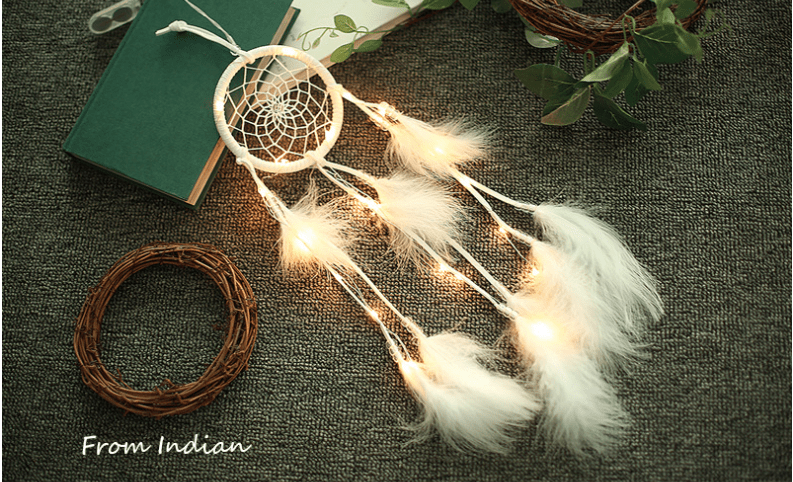 Handmade Dream Catcher With Light Room Decor Feather Weaving Wind Chimes Religious Mascot