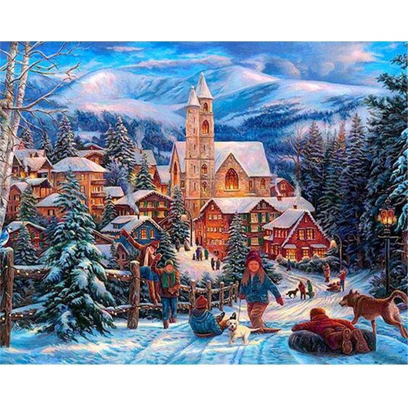 Christmas DIY Snow scenery Oil Painting By Numbers for Canvas Home Decor